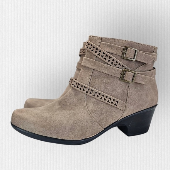 Womens Taupe Faux Suede Ankle Boots Buckle Straps Low Block Heel Side Zip 9.5 W - Picture 5 of 11